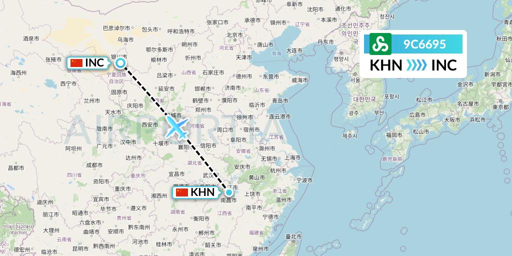 9C6695 Spring Airlines Flight Map: Nanchang to Yinchuan