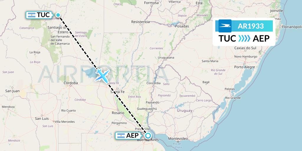 AR1933 Aerolineas Argentinas Flight Map: Tucuman to Buenos Aires