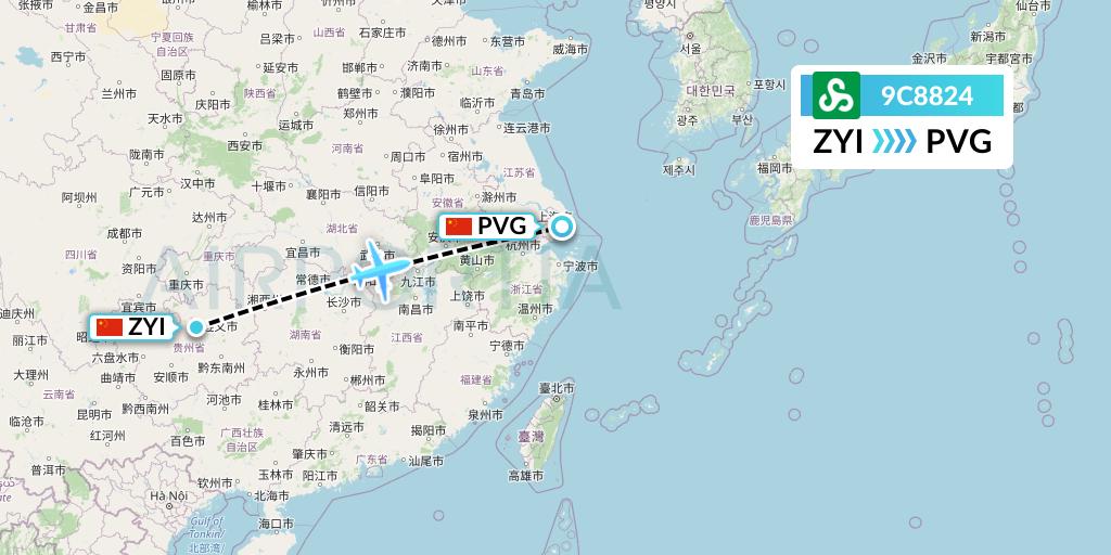 9C8824 Spring Airlines Flight Map: Zunyi to Shanghai