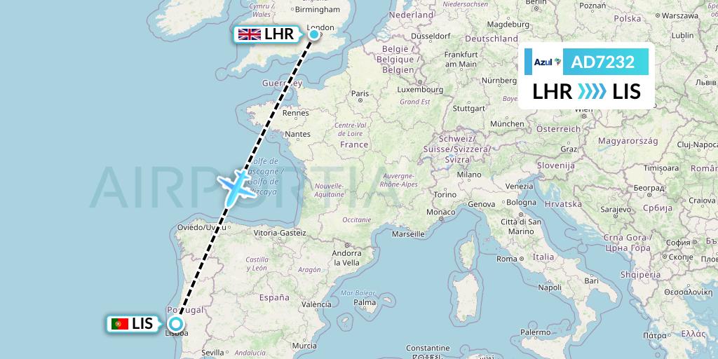 AD7232 Azul Brazilian Airlines Flight Map: London to Lisbon