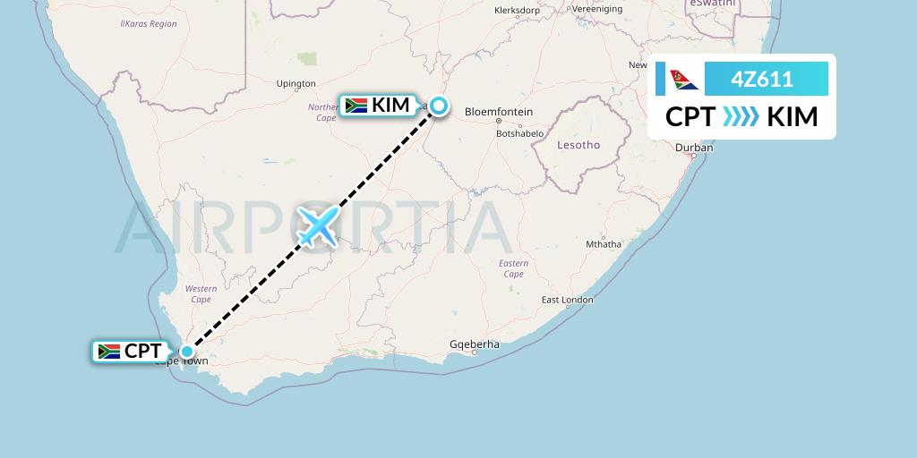 4Z611 Airlink Flight Map: Cape Town to Kimberley