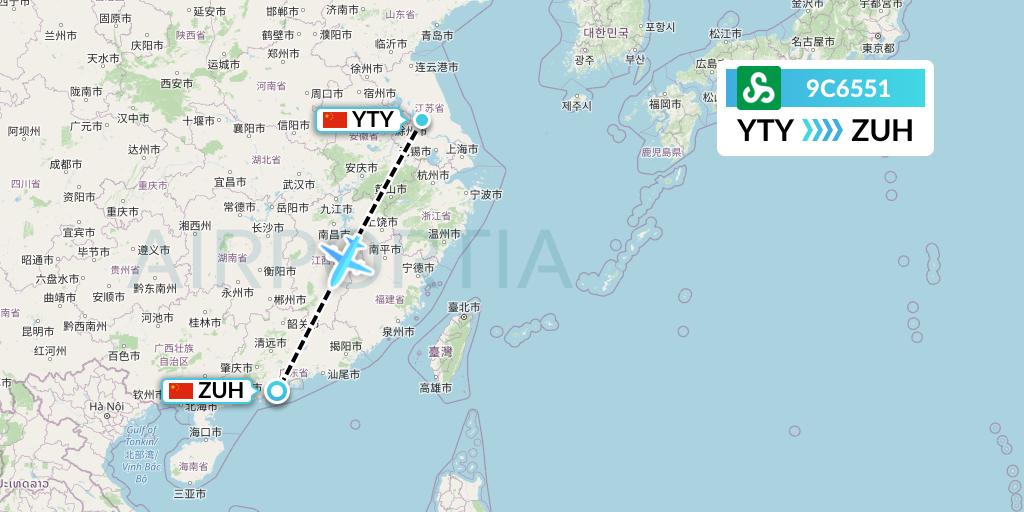 9C6551 Spring Airlines Flight Map: Yangzhou to Zhuhai