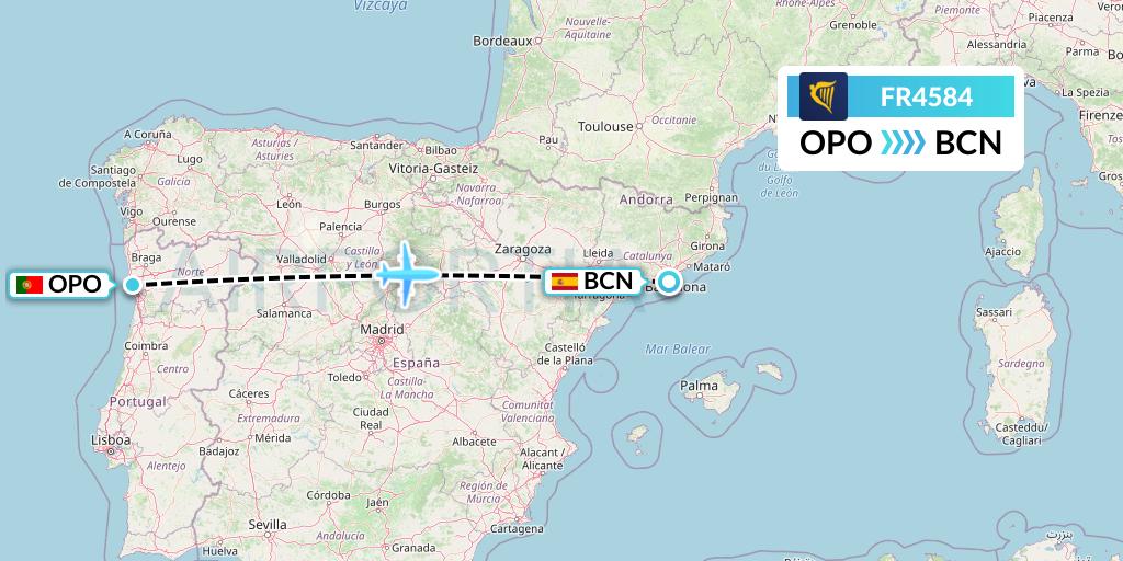 FR4584 Ryanair Flight Map: Porto to Barcelona