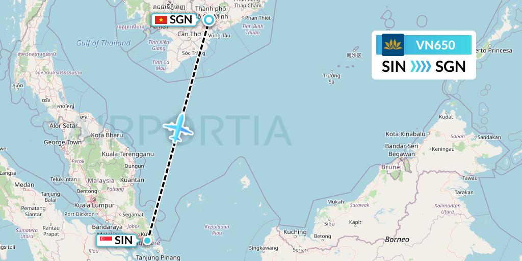 VN650 Vietnam Airlines Flight Map: Singapore to Ho Chi Minh City