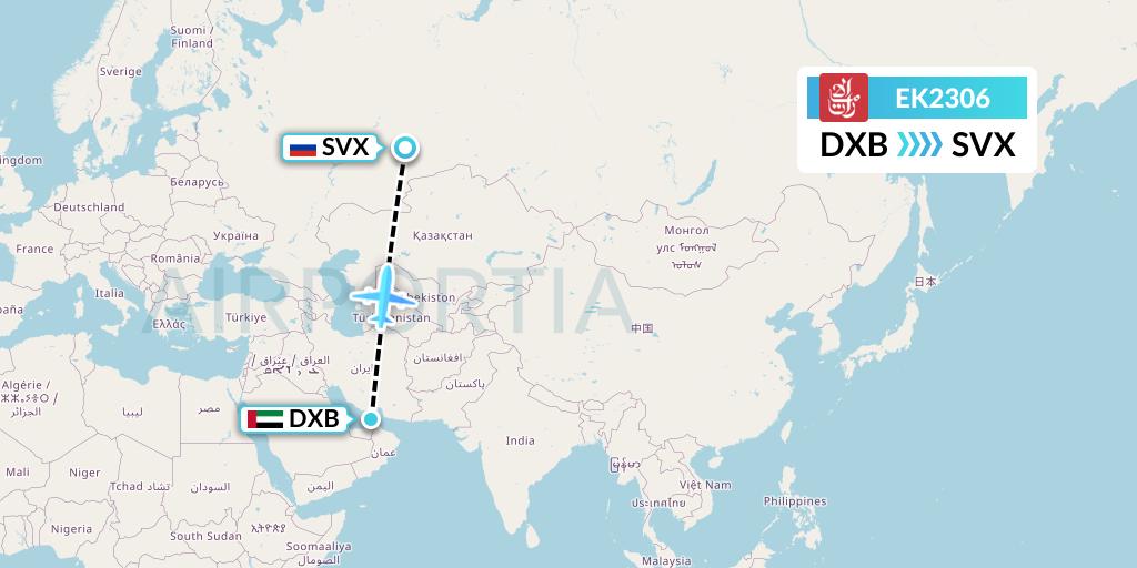 EK2306 Emirates Flight Map: Dubai to Yekaterinburg
