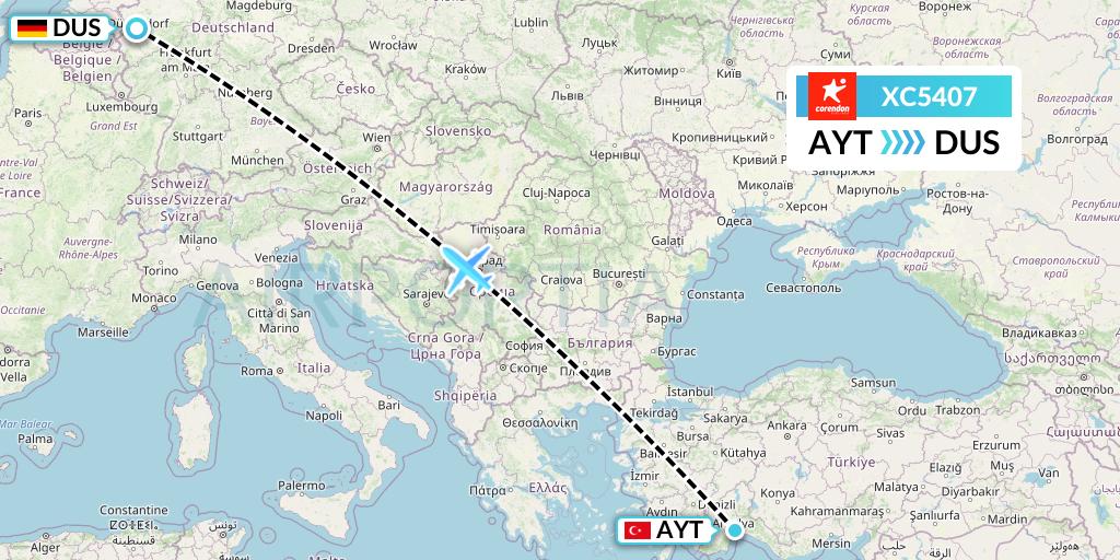 XC5407 Corendon Airlines Flight Map: Antalya to Dusseldorf