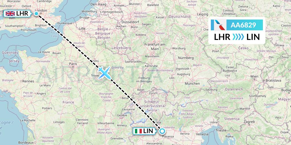 AA6829 American Airlines Flight Map: London to Milan