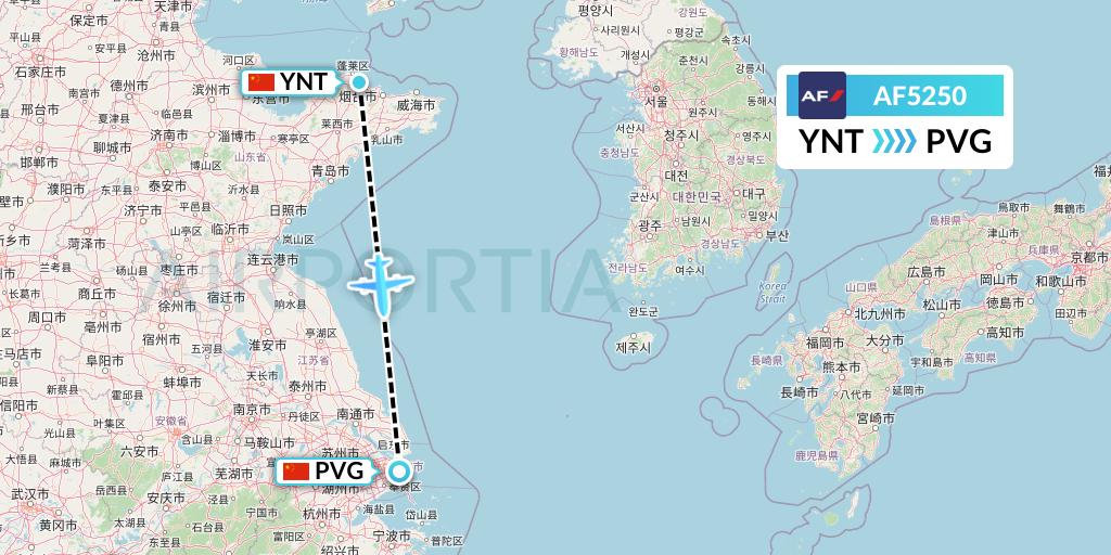 AF5250 Air France Flight Map: Yantai to Shanghai