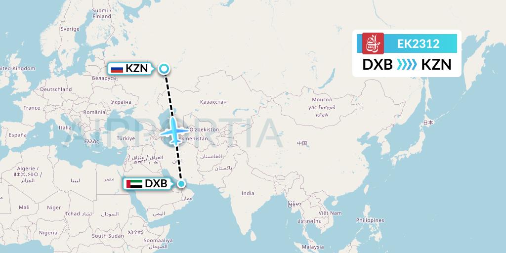 EK2312 Emirates Flight Map: Dubai to Kazan