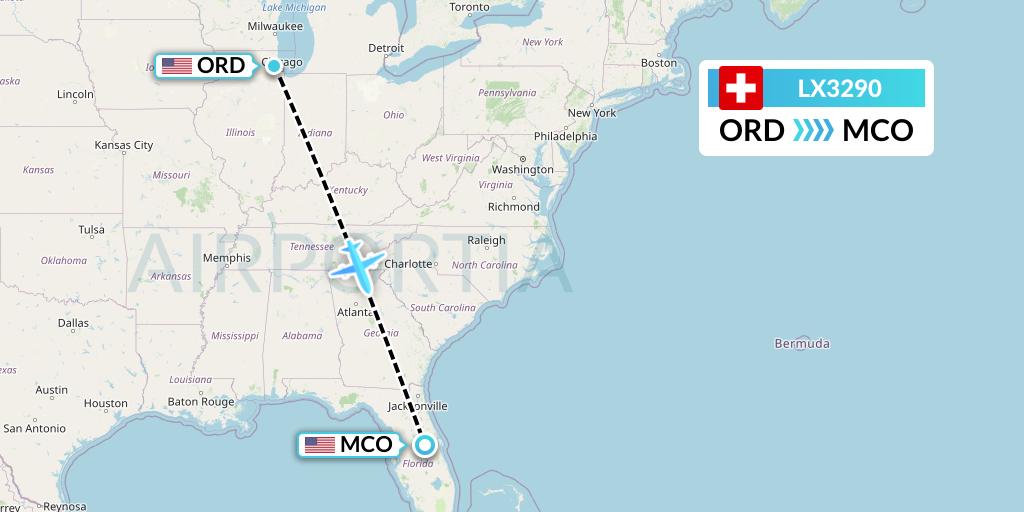 LX3290 Swiss Flight Map: Chicago to Orlando