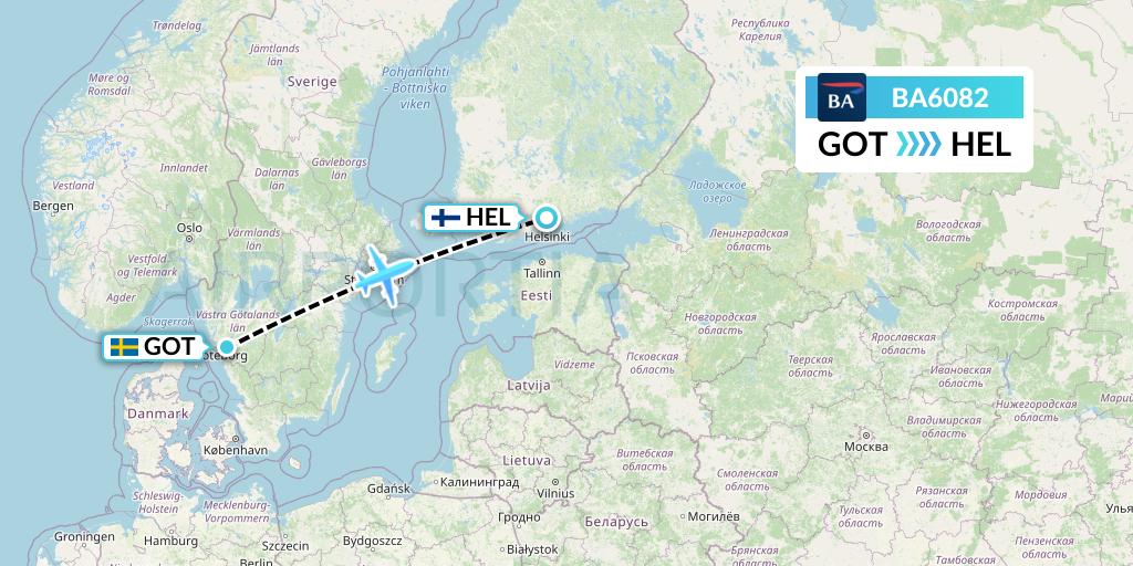 BA6082 British Airways Flight Map: Gothenburg to Helsinki