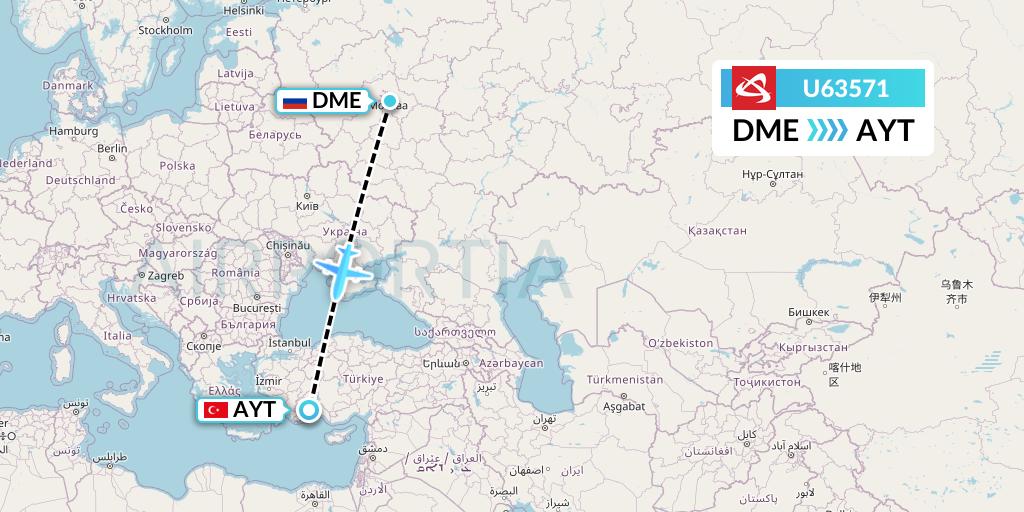 U63571 Ural Airlines Flight Map: Moscow to Antalya