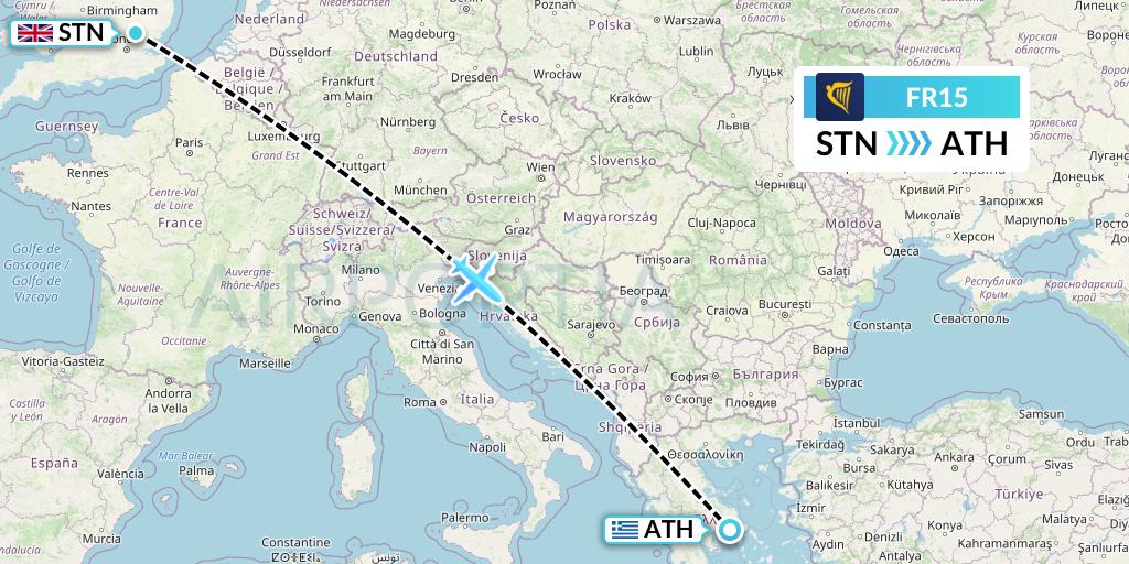 FR15 Ryanair Flight Map: London to Athens