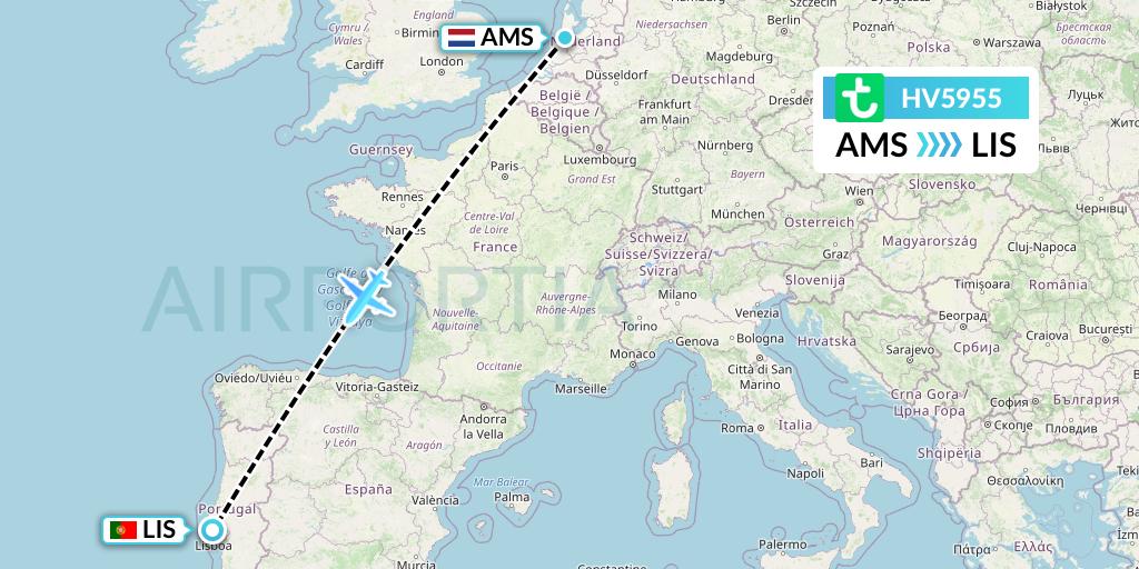 HV5955 Transavia Flight Map: Amsterdam to Lisbon