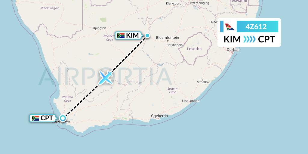 4Z612 Airlink Flight Map: Kimberley to Cape Town