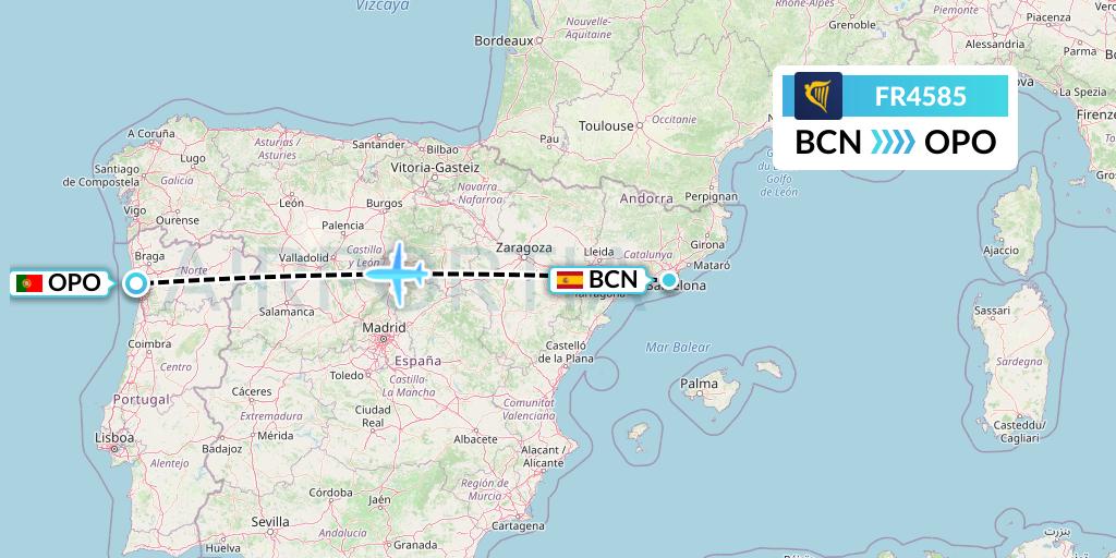 FR4585 Ryanair Flight Map: Barcelona to Porto