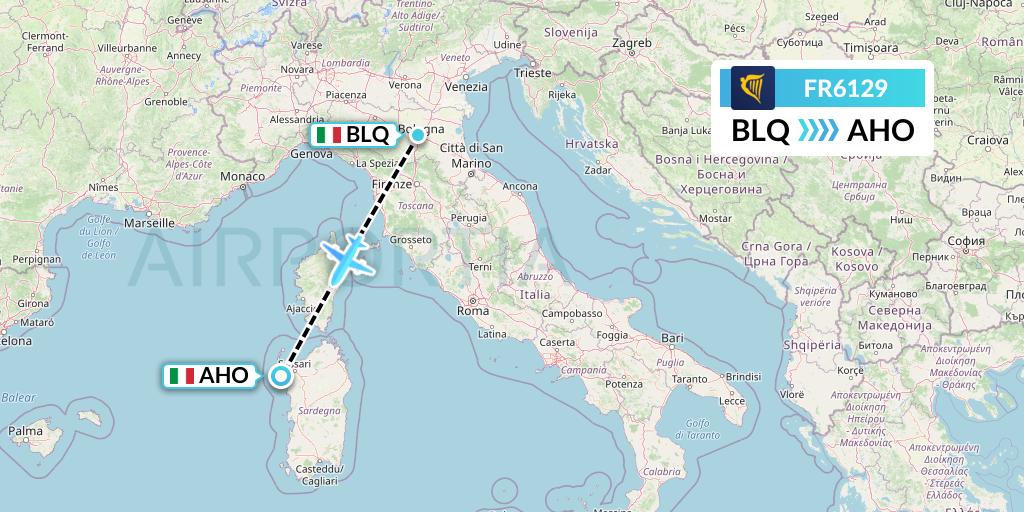 FR6129 Ryanair Flight Map: Bologna to Alghero