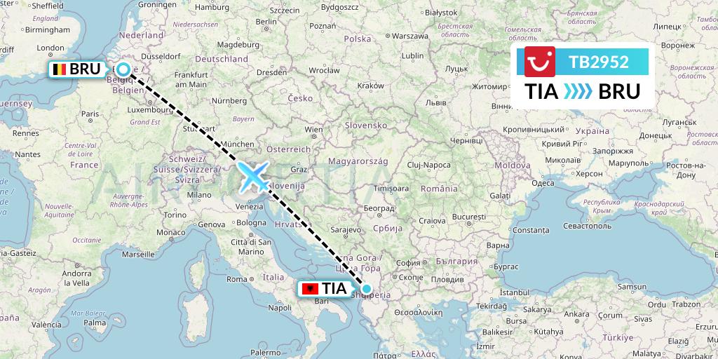 TB2952 TUI fly Belgium Flight Map: Tirana to Brussels