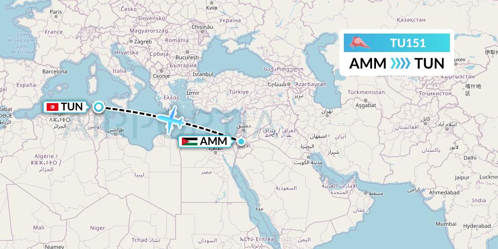 TU151 Tunisair Flight Map: Amman to Tunis