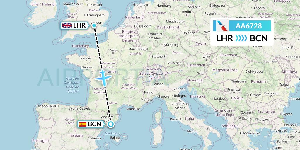 AA6728 American Airlines Flight Map: London to Barcelona