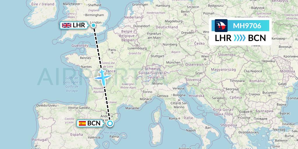 MH9706 Malaysia Airlines Flight Map: London to Barcelona