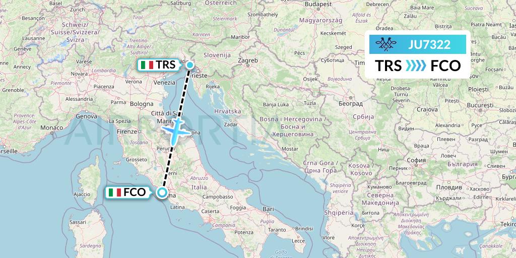 JU7322 AirSERBIA Flight Map: Trieste to Rome