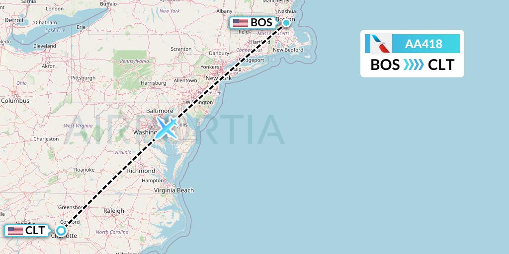 AA418 American Airlines Flight Map: Boston to Charlotte