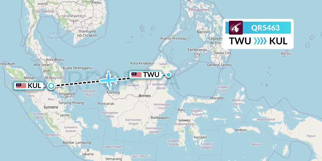 QR5463 Qatar Airways Flight Map: Tawau to Kuala Lumpur