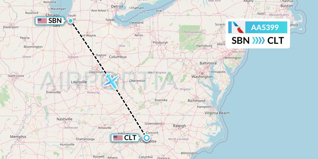 AA5399 American Airlines Flight Map: South Bend to Charlotte