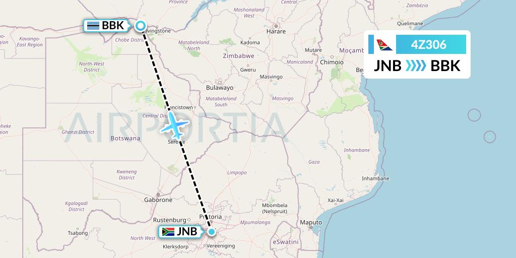 4Z306 Airlink Flight Map: Johannesburg to Kasane