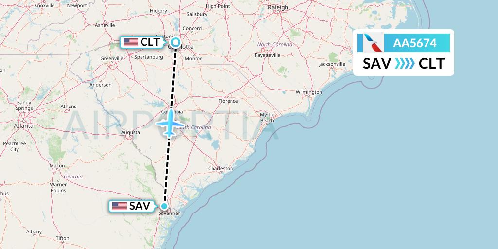 AA5674 American Airlines Flight Map: Savannah to Charlotte