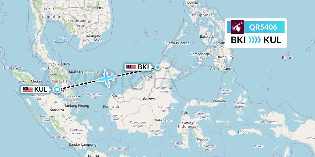 QR5406 Qatar Airways Flight Map: Kota Kinabalu to Kuala Lumpur