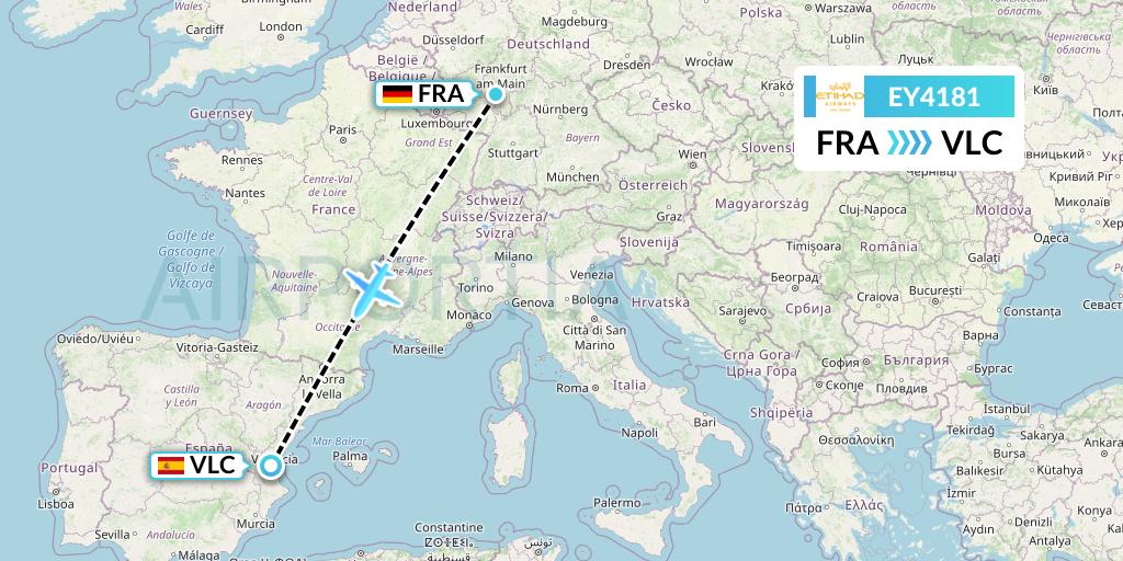 EY4181 Etihad Airways Flight Map: Frankfurt to Valencia