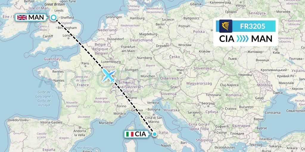 FR3205 Ryanair Flight Map: Rome to Manchester