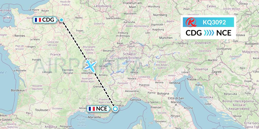 KQ3092 Kenya Airways Flight Map: Paris to Nice