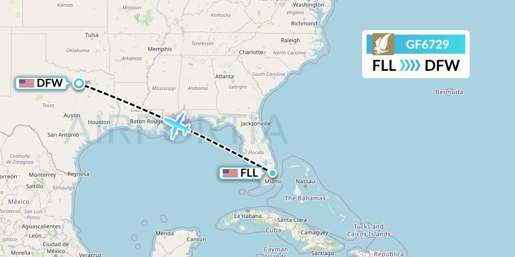 GF6729 Gulf Air Flight Map: Fort Lauderdale to Dallas