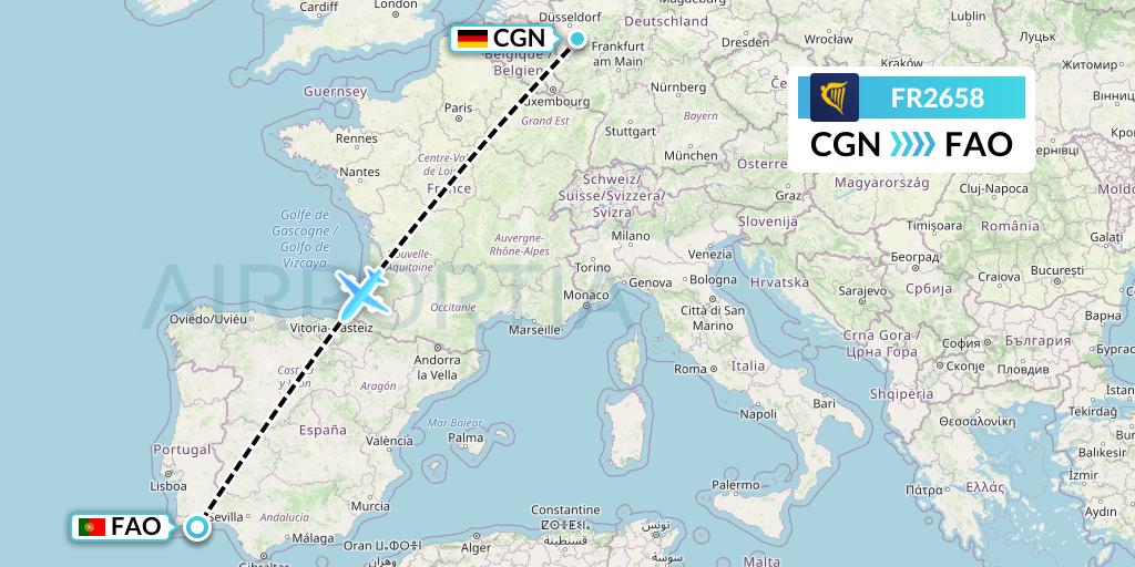 FR2658 Ryanair Flight Map: Cologne to Faro