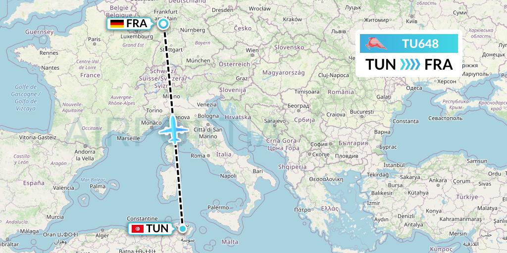 TU648 Tunisair Flight Map: Tunis to Frankfurt