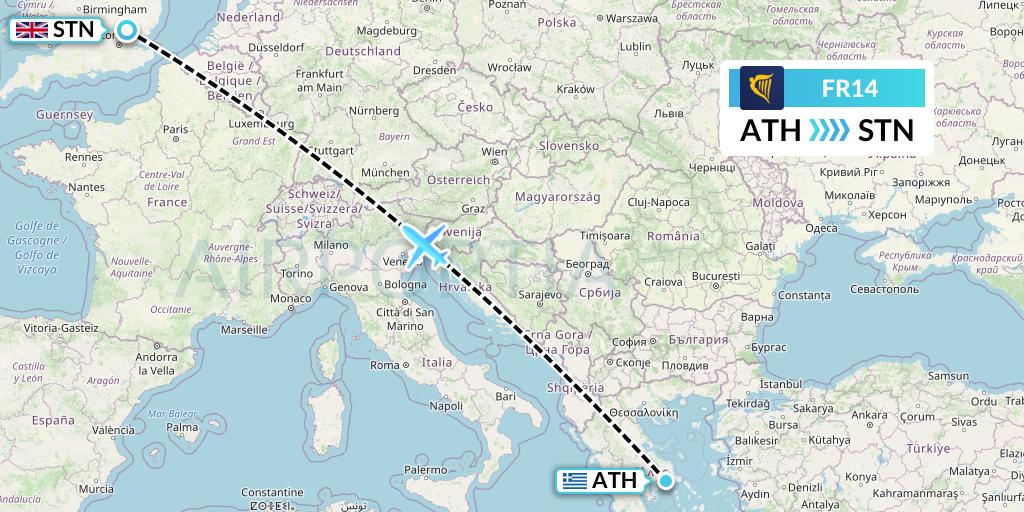 FR14 Ryanair Flight Map: Athens to London
