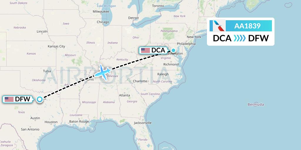 AA1839 American Airlines Flight Map: Washington to Dallas