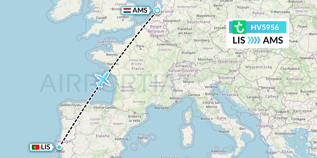 HV5956 Transavia Flight Map: Lisbon to Amsterdam