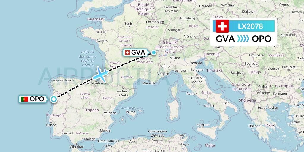 LX2078 Swiss Flight Map: Geneva to Porto