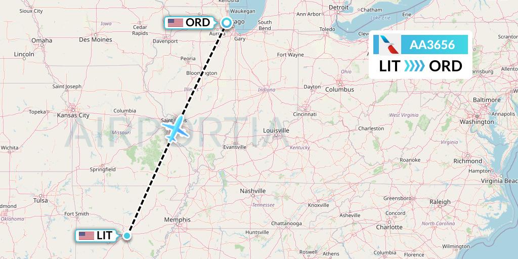 AA3656 American Airlines Flight Map: Little Rock to Chicago