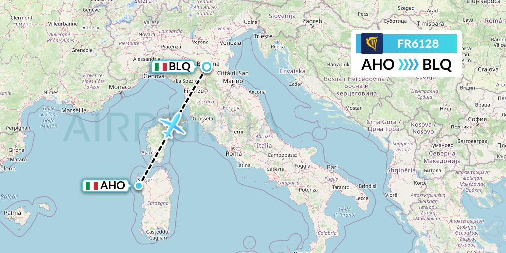 FR6128 Ryanair Flight Map: Alghero to Bologna
