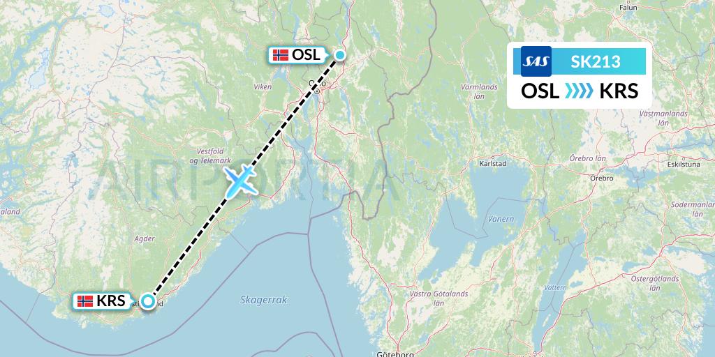 SK213 SAS Flight Map: Oslo to Kristiansand