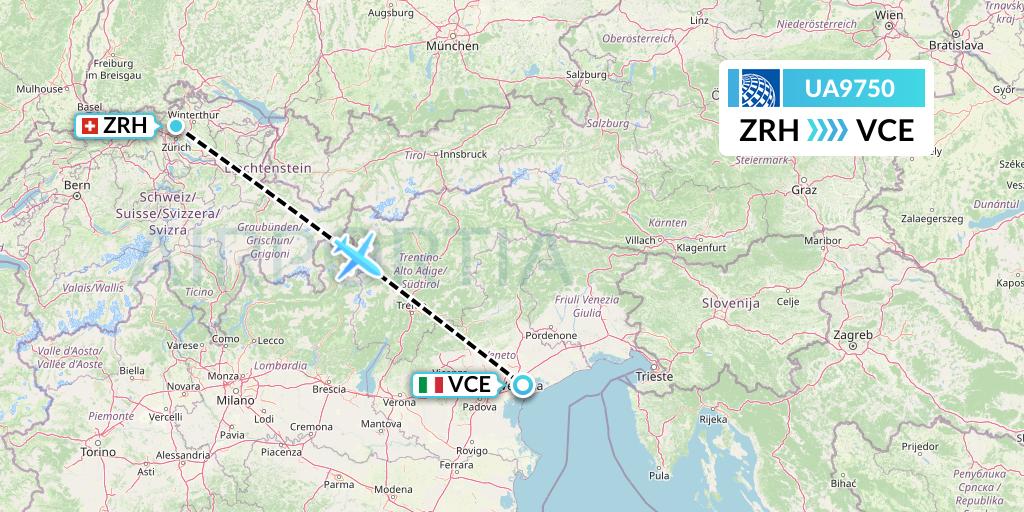 UA9750 United Airlines Flight Map: Zurich to Venice