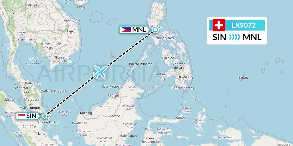 LX9072 Swiss Flight Map: Singapore to Manila