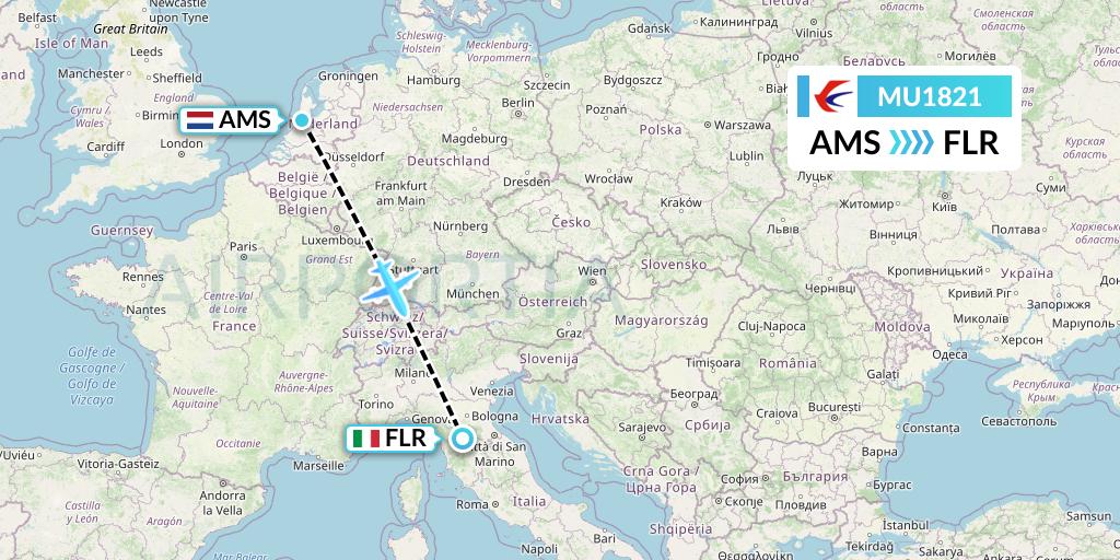 MU1821 China Eastern Airlines Flight Map: Amsterdam to Florence