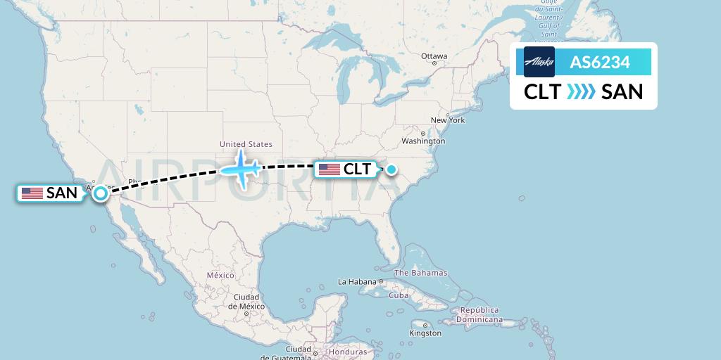 AS6234 Alaska Airlines Flight Map: Charlotte to San Diego