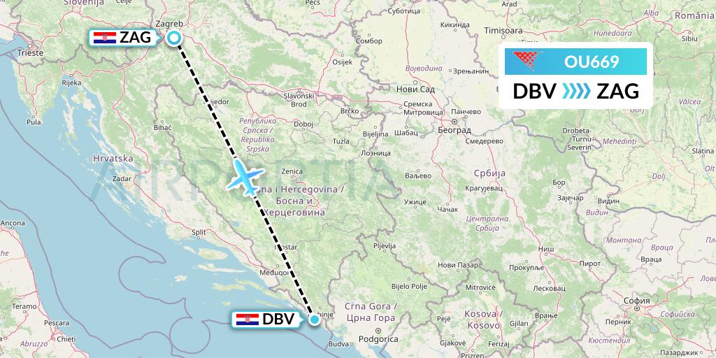 OU669 Croatia Airlines Flight Map: Dubrovnik to Zagreb